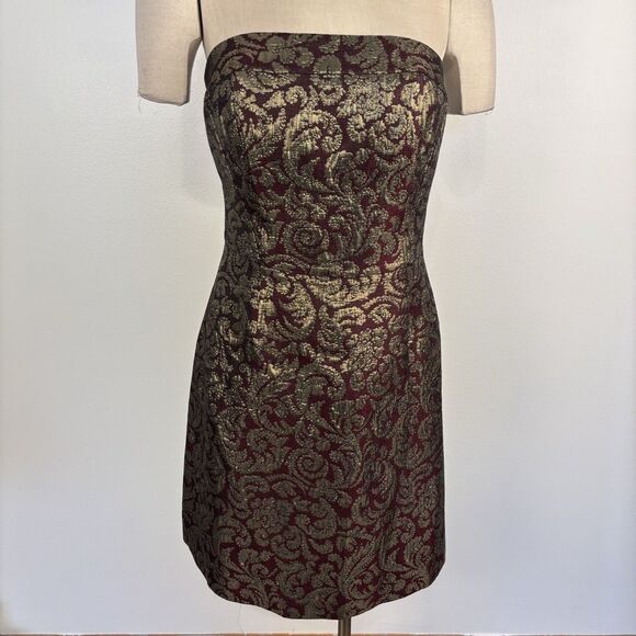 VTG Talbots Womens 10P Burgundy Gold Brocade Strapless Cocktail Party Dress - Picture 2 of 7